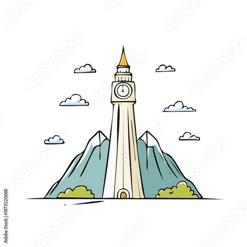 Stylized clock tower rising between majestic mountains under a cloudy sky