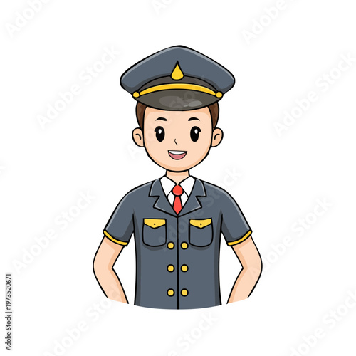 Cartoon Male Pilot in Uniform with Cap and Tie Smiling
