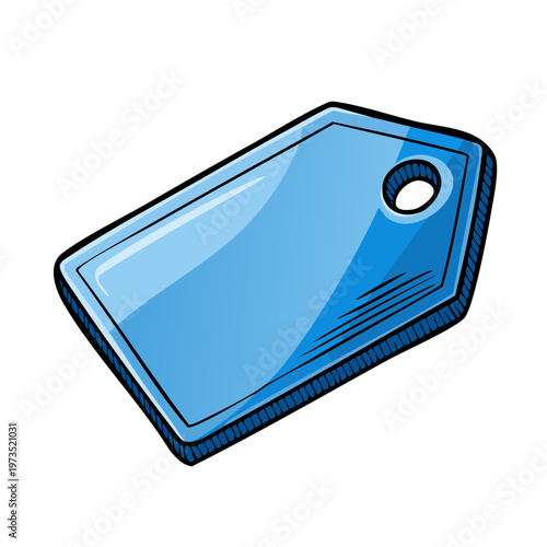 Blank blue product tag with rounded corners and a hole for attachment