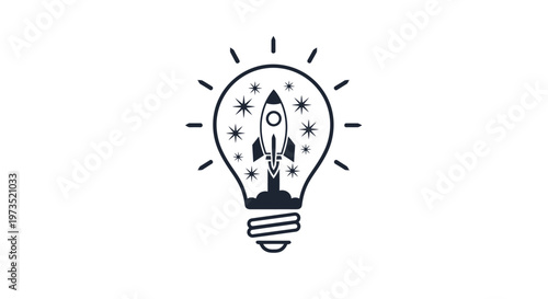 Rocket ship inside light bulb illustration.