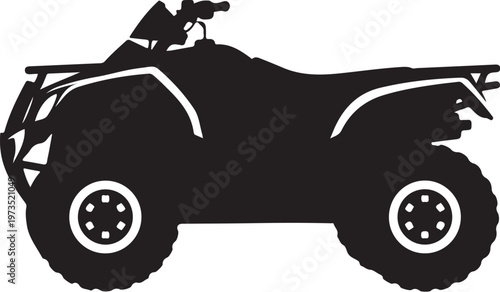 Black ATV silhouette, four-wheeler vehicle icon, off-road quad bike graphic, rugged outdoor recreation