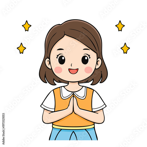 Joyful Young Girl With Praying Hands and Shining Stars Illustration