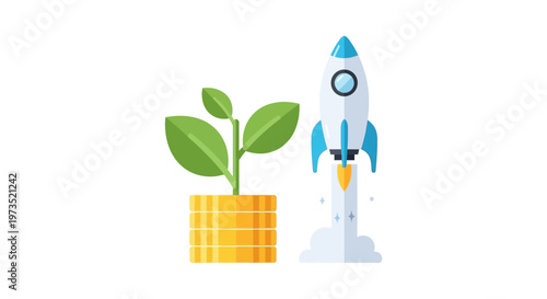 Rocket Ship Next to Green Plant.