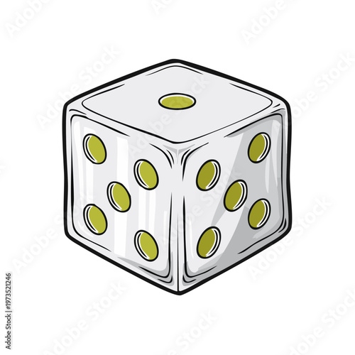 White six-sided die with green pips, illustration, isolated