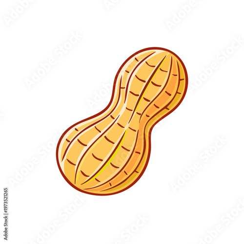 Illustration of a single, cartoon-style peanut in its shell with clear lines and a warm color palette.