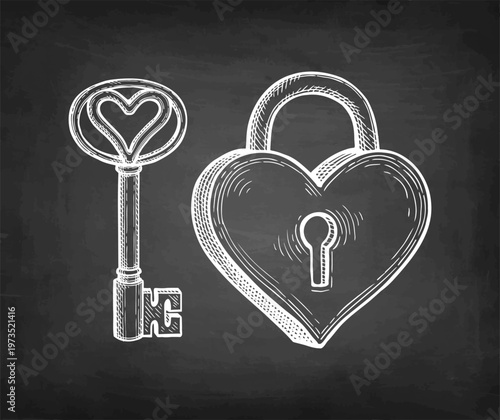 Heart shaped padlock and key. Valentine day design. Chalk sketch on blackboard background. Hand-drawn illustration. Vintage style.