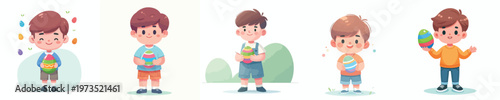 vector of a little boy standing holding an Easter egg