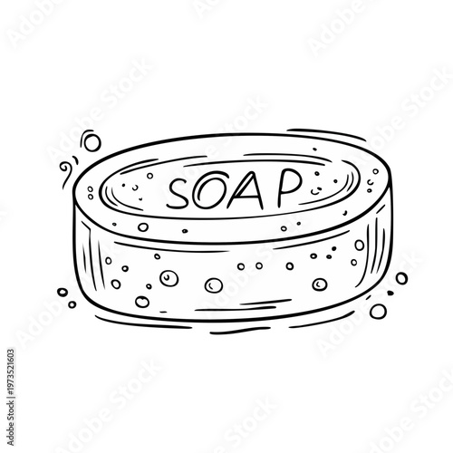 Hand-drawn illustration of a bar of soap with bubbles and the word 'SOAP' imprinted