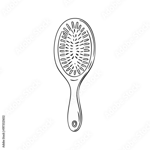 Simple black and white line drawing of an oval-shaped hairbrush with bristles and a handle.