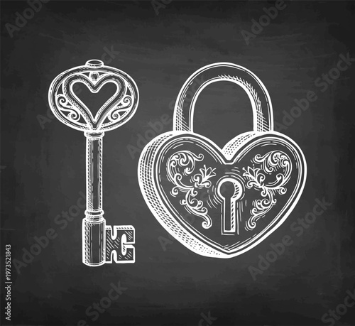 Heart shaped padlock and key. Valentine day design. Chalk sketch on blackboard background. Hand-drawn illustration. Retro style.
