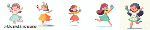 vector of a little girl stand happily dancing and holding an Easter egg
