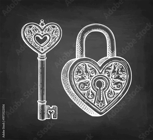 Vintage padlock and key decorated with heart shaped ornament. Valentine day design. Chalk sketch on blackboard background. Hand-drawn illustration. Vintage style.