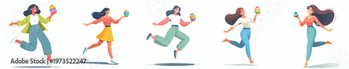 vector of a woman standing happily dancing holding an Easter egg