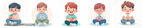 vector of a little boy sitting on the grass holding an Easter egg