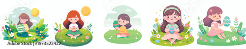 vector of a little girl sitting on the grass holding an Easter egg