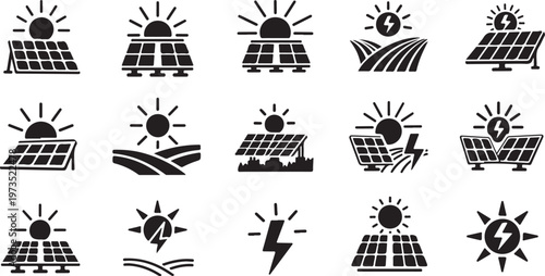 Solar Panel Icons with Sun and Lightning Symbols