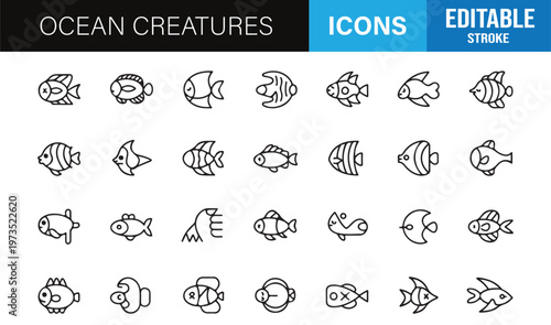 Fish and ocean creature symbols set for aquatic education, apps and marine design use
