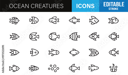 Modern sea animals icon collection featuring fish and underwater wildlife in outline style