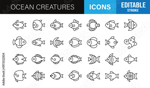 Ocean creatures and marine life line icons set with editable stroke for aquatic and nature design