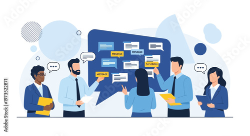 Business Team Collaboration and Brainstorming Ideas on Speech Bubble Board