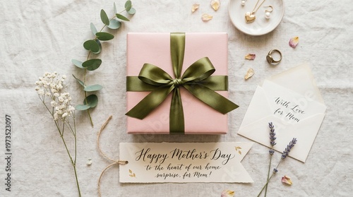 Mother's Day Gift: Elegantly wrapped in pastel paper and adorned with a lush green bow, the gift sits amidst delicate flowers and sentimental notes, creating a scene of love and appreciation.