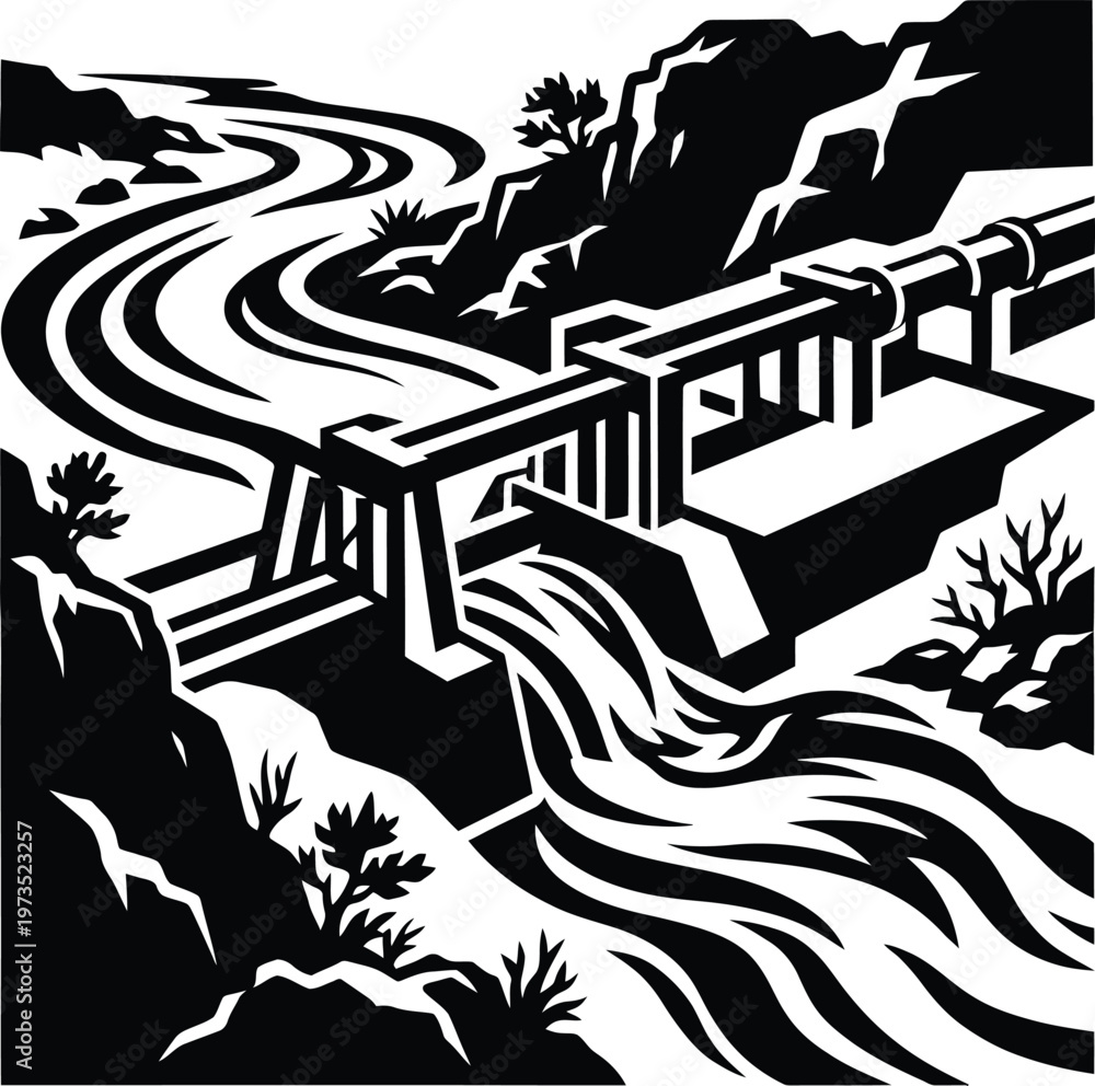 Fototapeta premium Detailed black and white woodcut style illustration of a river dam and hydroelectric power station.