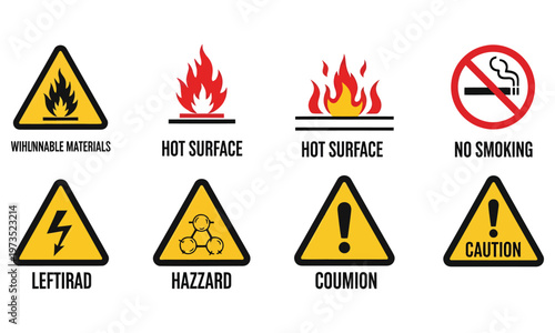 Comprehensive vector graphic illustration set of common industrial and safety hazard warning signs for various dangerous situations and regulated environments.