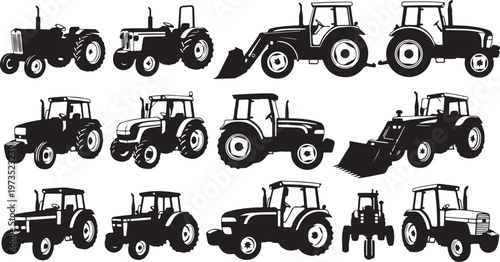 Various Tractor Silhouettes in Black and White Color