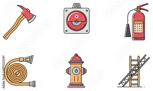 Collection of essential firefighting equipment icons featuring a red axe fire extinguisher water hose hydrant and a tall metal ladder