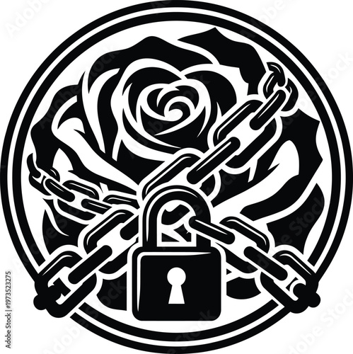 Stylized graphic design featuring a rose flower enclosed by heavy chains and a secure padlock in a circle frame.
