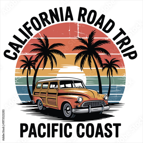 Retro style vintage camper van driving along pacific coast highway t-shirt design