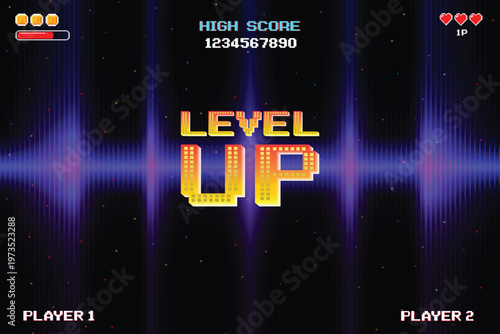 LEVEL UP icon, pixel art 8 bit. Retro Futurism Sci-Fi Background. glowing neon grid. and stars from vintage arcade computer games