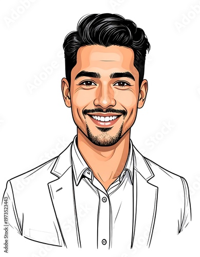 A stylized portrait of a smiling man with dark hair and a short beard wearing a white suit jacket and dress shirt