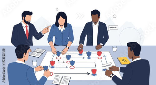 Business team strategizing with board game strategy on table, planning meeting