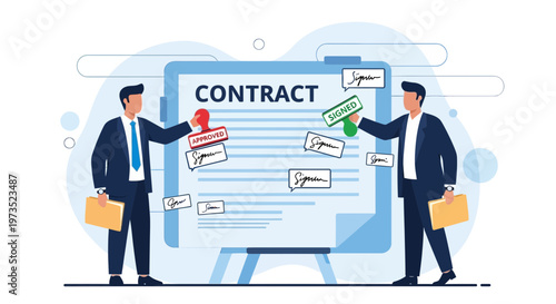 Businessmen Signing Contract Agreement with Approved and Signed Stamps