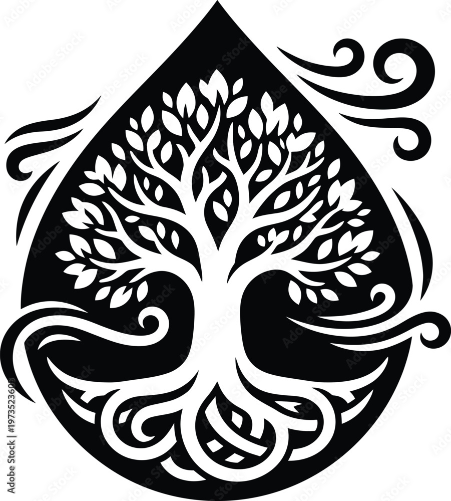 Fototapeta premium Stylized black and white tree of life graphic design within a teardrop shape with swirling elements, high resolution vector art.