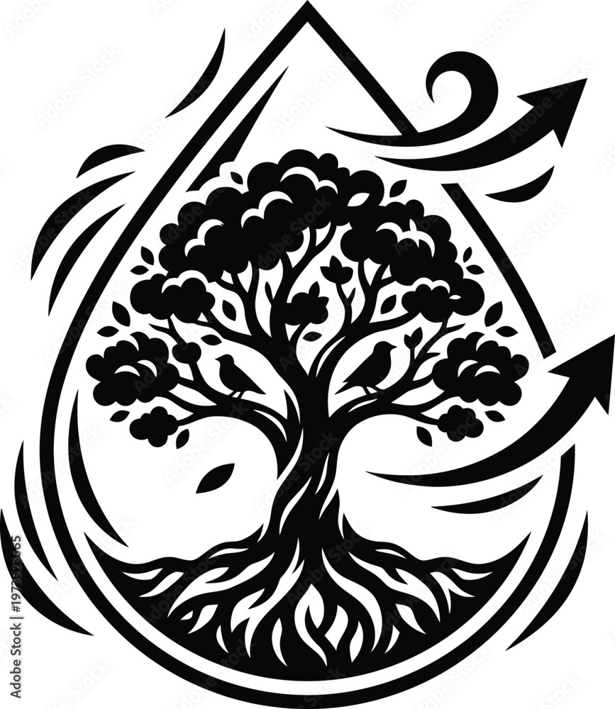 Fototapeta premium Black and white intricate tree of life design within a water droplet with flowing arrows, symbolizing growth and environmental harmony.