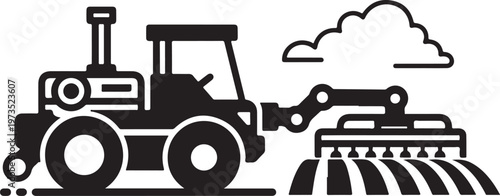 Tractor, farming tractor, agricultural tractor, black vector icon, farming equipment, tractor plowing