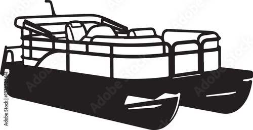 Pontoon boat, black silhouette, vector illustration, recreational watercraft, floating vessel
