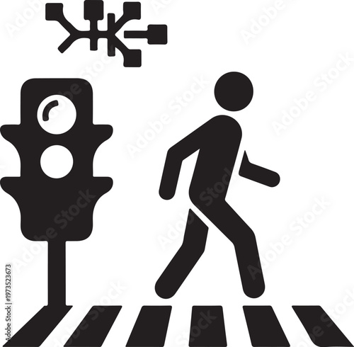 Pedestrian crossing icon, traffic light signal, walk sign, road safety symbol, black silhouette