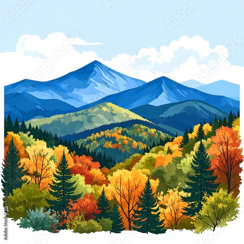 An illustrated landscape showing blue mountains in the background with colorful autumn foliage and evergreen trees in the foreground. A bright blue sky