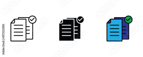 Bild auf Leinwand Verified double documents with green checkmark icon set for official record approval and file validation