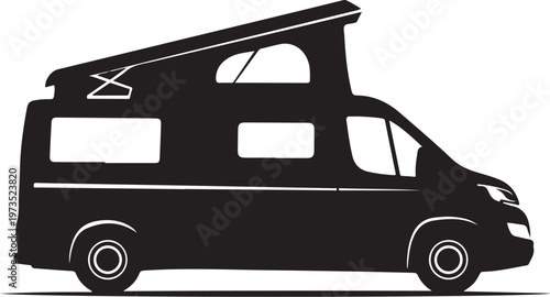 Camper van, motorhome, RV, recreational vehicle, black silhouette, vector icon
