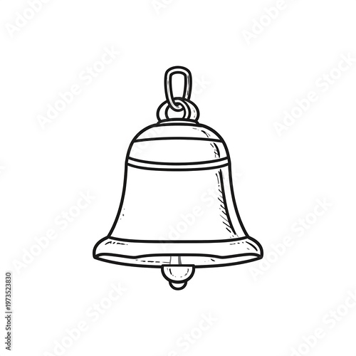 Simple line art depiction of a classic bell, shown in black and white. It's suspended from a ring at the top