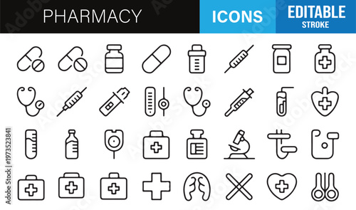 Minimal pharmacy icons pack for healthcare apps, clinics and medical services concepts
