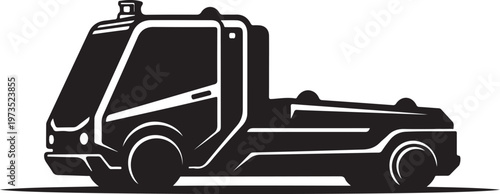 Tow truck, flatbed truck, vehicle silhouette, black and white icon, transportation symbol