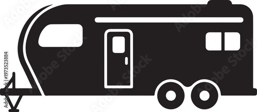 Black camper trailer, caravan icon, travel symbol, recreational vehicle
