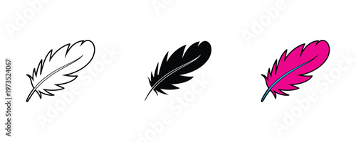 Lightweight soft feather icon set in pink and black styles for ink pen or soft touch concept. Vector Illustration.