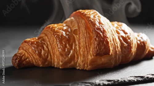 Freshly baked croissant with steam on dark slate background