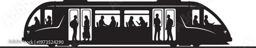 Vector bus silhouette, people inside, transportation icon, black outline